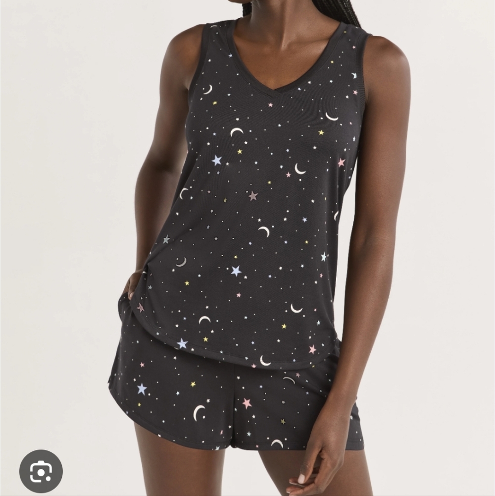 Joyspun 2 Piece Tank Top Pajama Set Medium NWOT 8/10 Black Moon Stars Space